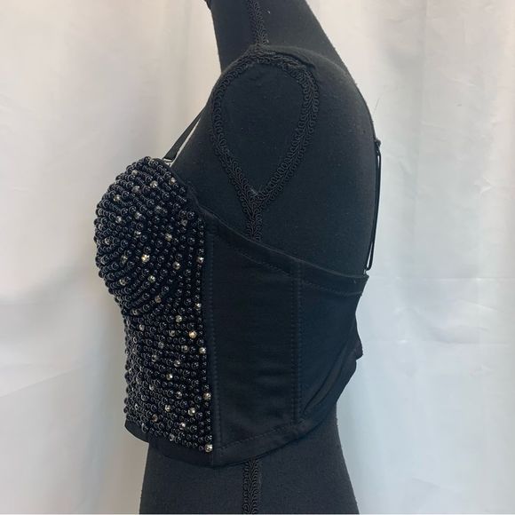 BLACK faux pearl chrome rhinestone embellished bustier corset crop top Sz L - Picture 5 of 11